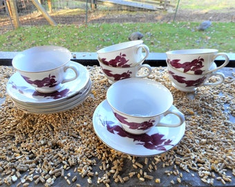 Art Deco Bamboo Leaves Japan Mid Century Modern Porcelain Set 6 Teacups 5 saucers Handpainted Burgundy 18K Gold