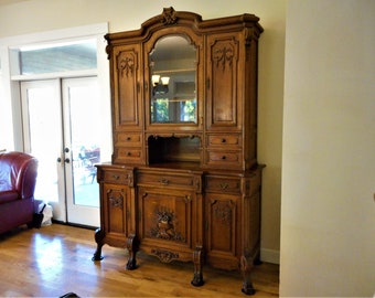 Antique French Carved Oak Buffet Cabinet Cupboard Bibliotheque Library Bookcase / Store Display / Rustic Oak Cupboard