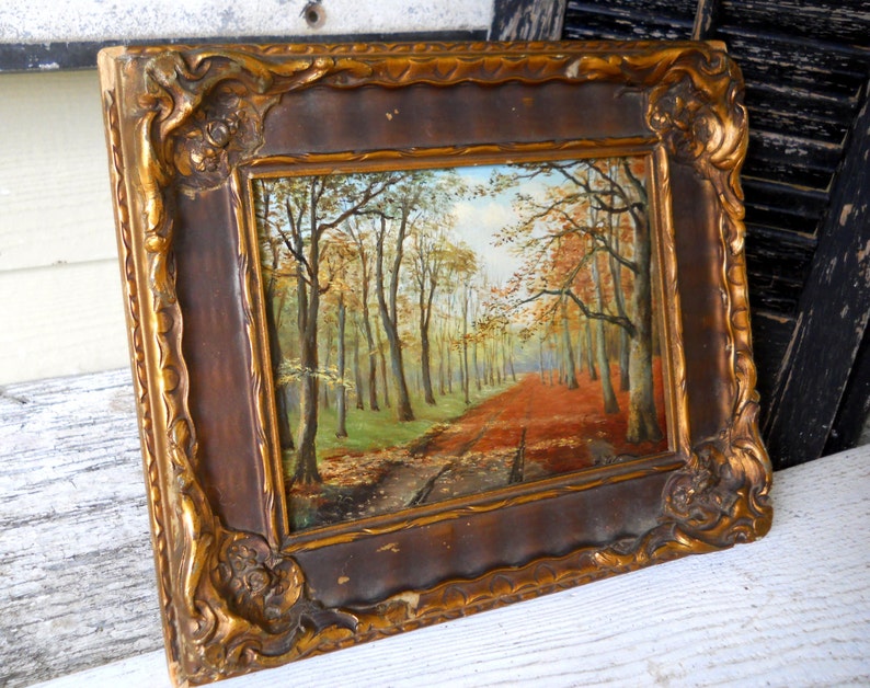 Antique Small Landscape Oil Painting on Board 1932 Ludwig Werner Listed European Impressionist Autumn Tree Forest Germany image 3
