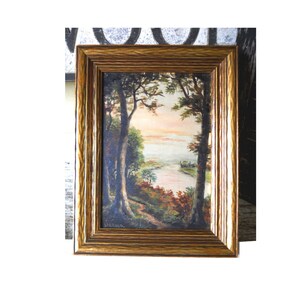 Antique Small Victorian 1800s Scottish HERALD Impressionistic Oil Painting Landscape Listed Signed Forest Trees River View Vintage Scotland image 2