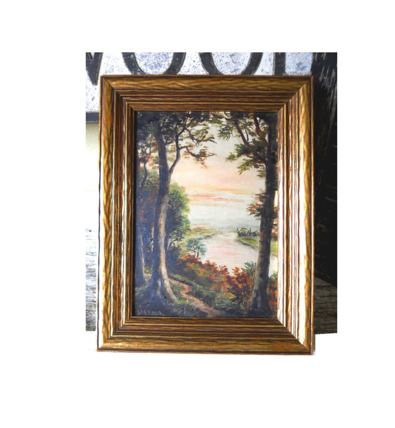 Antique Small Victorian 1800s Scottish HERALD Impressionistic Oil Painting Landscape Listed Signed Forest Trees River View Vintage Scotland image 2