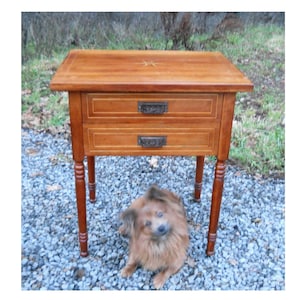Rare Antique Sewing End Table Victorian Farmhouse Country Marquetry Work Stand Sheraton 2 Drawer 1840s Solid Cherry Iron Dog Bin Pull