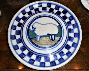 Folk Art Sheep Debbie Dean Pottery Plate Stoneware Rustic Farmhouse Kitchen Container French Country Primitive