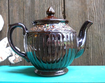 Vintage 1940s English Bistro Cottage Redware Floral Brown Pottery Teapot French Country Farmhouse Kitchen Industrial Primitive Tea Pot