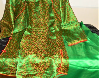 Stunning Mid Century Japanese Asian Emerald Green Silk Jacket Pants Pajama Set Christmas Kimono Formal Informal Lounge Wear