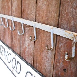 May include: A white metal coat rack with multiple hooks mounted on a wooden wall. The rack is labeled "ROSEWOOD CITY".
