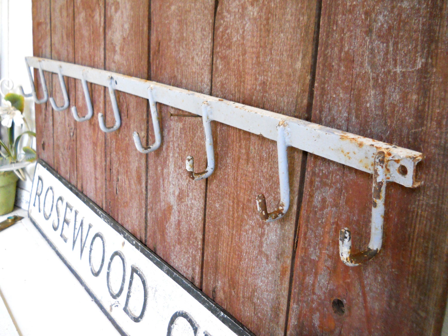 Vintage Industrial Farmhouse Long Iron Tool Hook Rustic Rack Barn Horse Tack Mid Century Gray Equestrian Dog Leash Holder Huntsman Garden