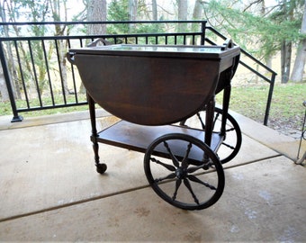 Antique Mahogany Wood Tea Cart Dropleaf Trolley Serving Bar Cart Server Glass Tray