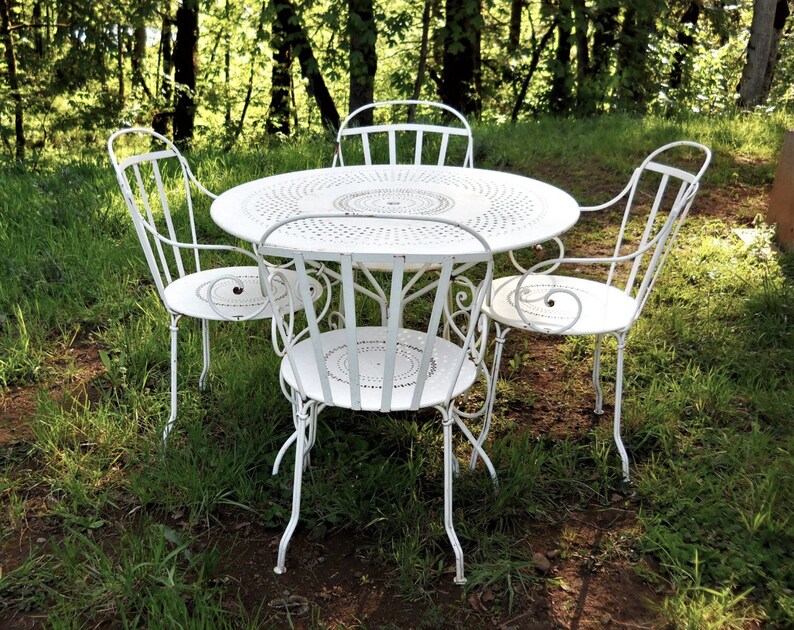 French Country Cafe Bistro Set Vintage Pre1960s Iron Metal Fermob Original Terrace Park Antique Cottage Parlor Dining Table 4 Patio Chairs