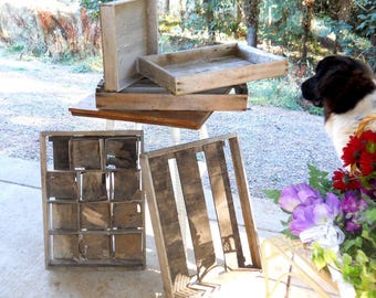 Antique Strawberry Crate Set 5 Bin Drawer Farmhouse Garden Primitive Rustic Wood Box Cubby Shelf Storage Crate Advertising Display