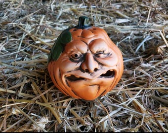 Porcelain Halloween Bisque Pumpkin Winking Jack 'o Lantern Candle Tealight / Tea Light Holder