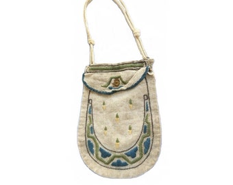 Antique Embroidered Linen Purse – 1910s Arts & Crafts Handbag