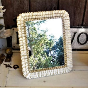 Unusual 1930s Carved Syroco Wood Frame French Country Rare White Counter Mirror Ruffle Art Deco Hollywood Regency Victorian Beach Cottage