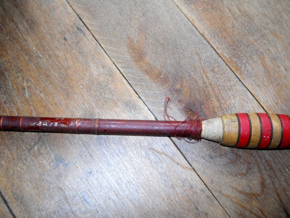 Vintage 1940s Fishing Rod Wood Red Striped Primitive Farmhouse Industrial  Cabin Lodge Outdoors Man Cave Decor Mid Century Rustic 