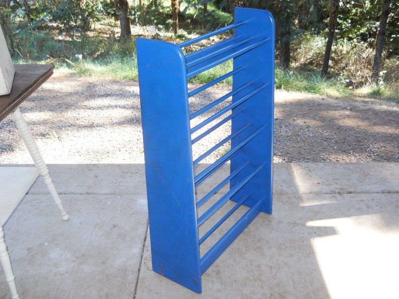 Mid Century Oak Wood Shoe Display Rack Organizer Danish Modern Decor Painted Cobalt Blue Art Deco Vintage 1970s Eames Industrial Farmhouse