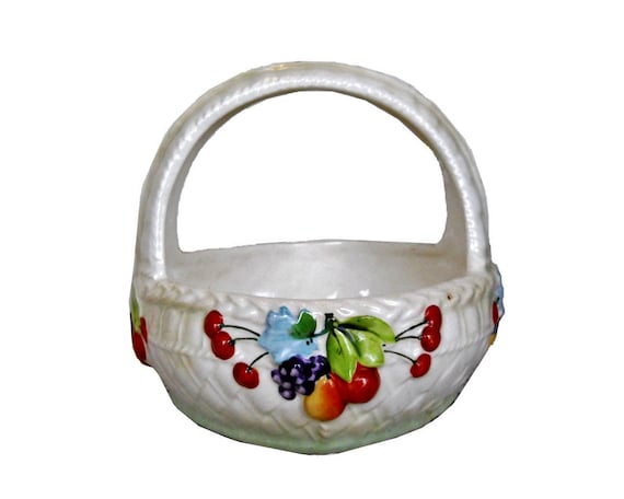 1930s French Country Ceramic Czechoslovakian Porcelain Repousse Basket Luster Ware Fruit Bowl Table Decor Pottery Vintage Cottage Farmhouse