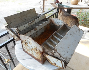 1920s Rustic Industrial Metal Machinist Tool Box Storage & Tote Rare Vintage Farmhouse Garden Box French Country
