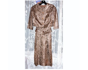 Glamorous Dress Jacket Set Hollywood Regency Deadstock Taupe Satin Cocktail Suit Designer PAUL SACHS