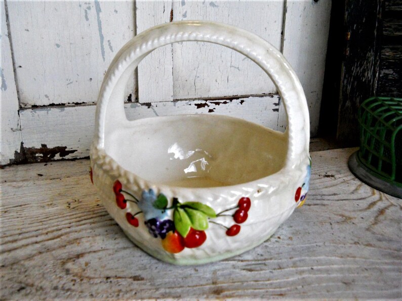 1930s French Country Ceramic Czechoslovakian Porcelain Repousse Basket Luster Ware Fruit Bowl Table Decor Pottery Vintage Cottage Farmhouse image 2