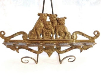 Antique Metal Victorian Dog Pipe Holder Bulldog Family Vintage 1920s Brass Bronze Judd Pipe Rack Wall Hook Holder -- Dog Leash Hook Holder