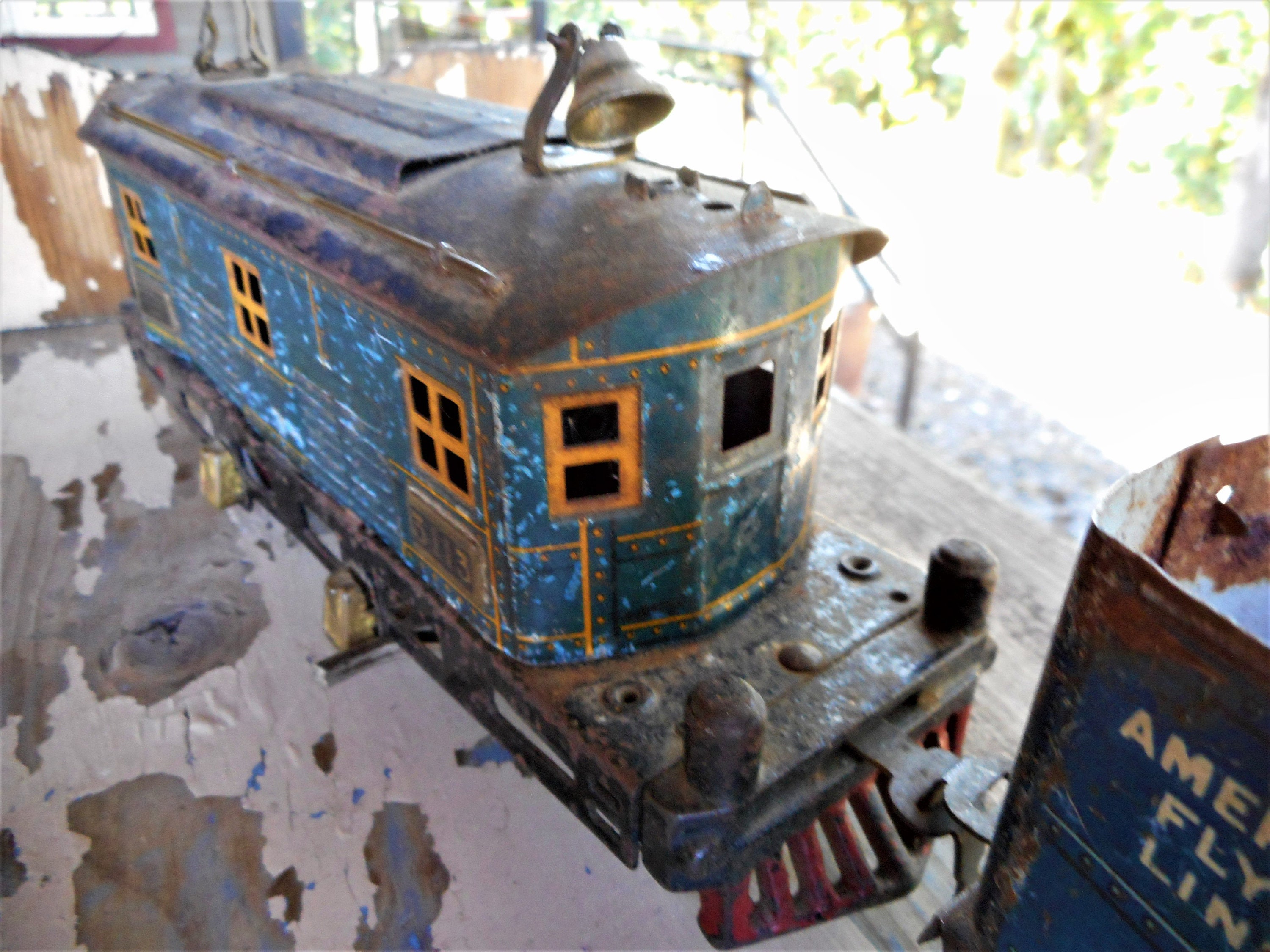 Blue American Flyer Lines Tin Train Engine, U.s. Mail Railway Post Office Car Cargo Hauler
