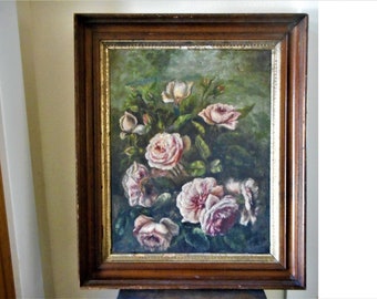 Gorgeous Large Torn Antique Floral Pink Roses Still Life Painting 1880's Rustic French Farmhouse Antique Old Cottage Ornate Frame