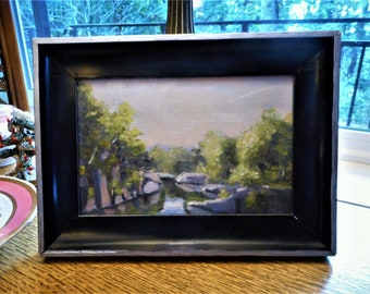 Unusual Small 1930s Rustic River Antique Impressionist Landscape Victorian Oil Painting Farmhouse Wall Decor