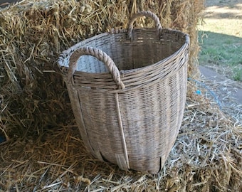 Antique Early French Grey Gray Paint Woven Primitive Folk Art Basket Handled Tote