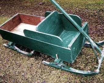 Antique Paris Toy Mfg Pine Sleigh - Victorian Childs Bob Sled, Early Primitive Green Paint