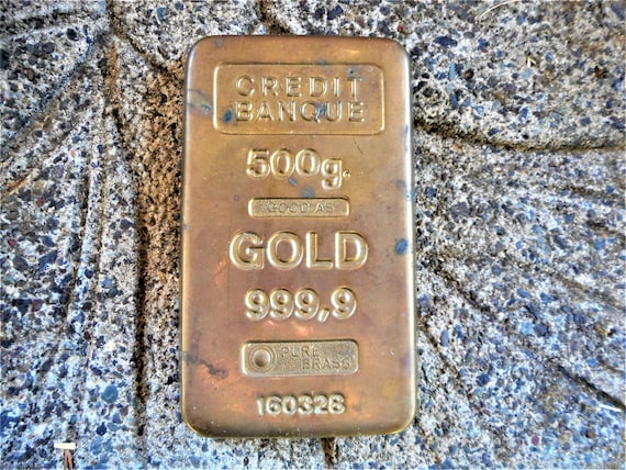 Ornate Desktop Credit Banque BRASS Unreal Gold Bar Paperweight Mid