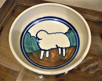 Folk Art Sheep Debbie Dean Pottery Stoneware Bowl Rustic Farmhouse Kitchen Container French Country Primitive