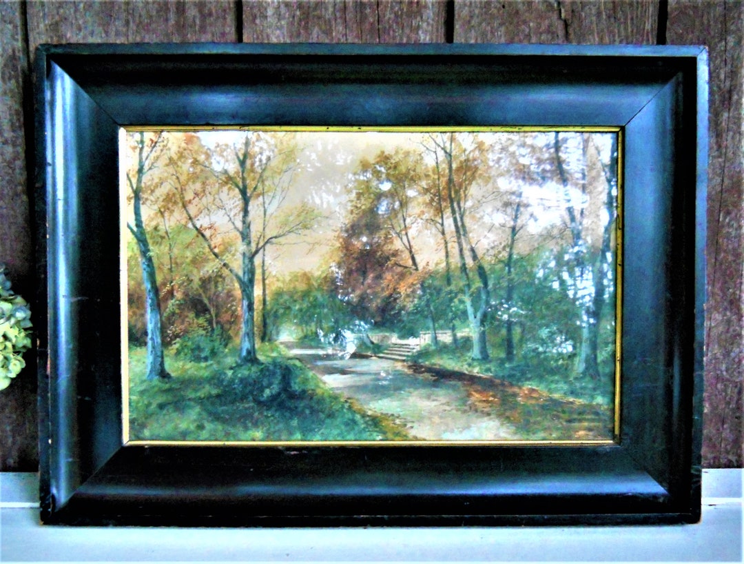 Antique 1880s - 1900s Original Victorian Watercolor Painting Wooded ...