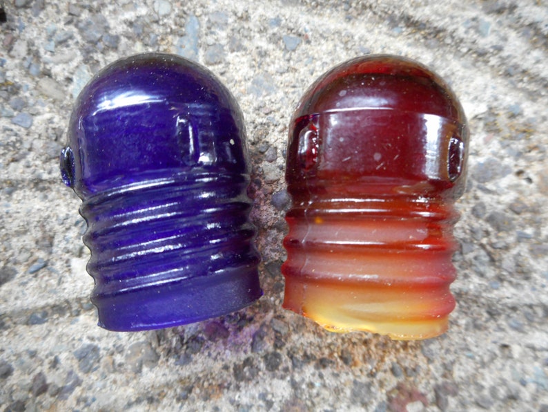 Beautiful Rare Tiny 1 Inch Amber Red Glass /& Cobalt Blue Glass Miniature Insulator Cap Scarce Hardware Salvage Vintage French Farmhouse