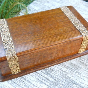 Antique Stunning 1880s Brass Oak Wood Victorian Collar Treasury Box Ornate French English Country Edwardian Art Nouveau Jewelry Trinket Box image 1