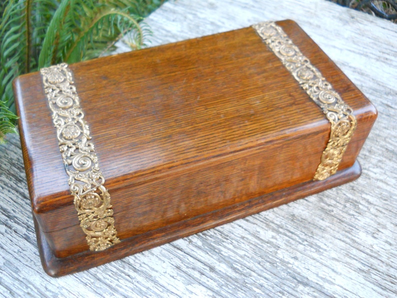 Antique Stunning 1880s Brass Oak Wood Victorian Collar Treasury Box Ornate French English Country Edwardian Art Nouveau Jewelry Trinket Box image 1