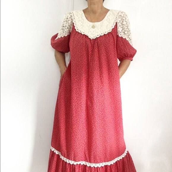 Red Calico Cotton Cottagecore Long Gunne Sax Dress Peasant Prairie ...