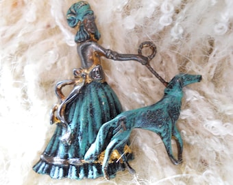 Vintage 1950 Art Deco Figural Signed Sterling Silver Borzoi Dog Brooch Turquoise Blue Enamel Victorian Lady Walking Dog Pin Greyhound