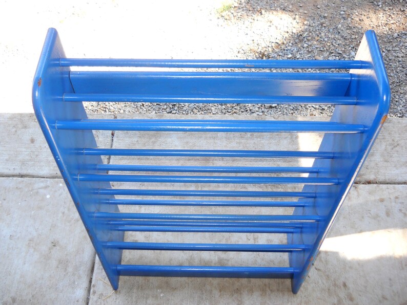 Mid Century Oak Wood Shoe Display Rack Organizer Danish Modern Decor Painted Cobalt Blue Art Deco Vintage 1970s Eames Industrial Farmhouse