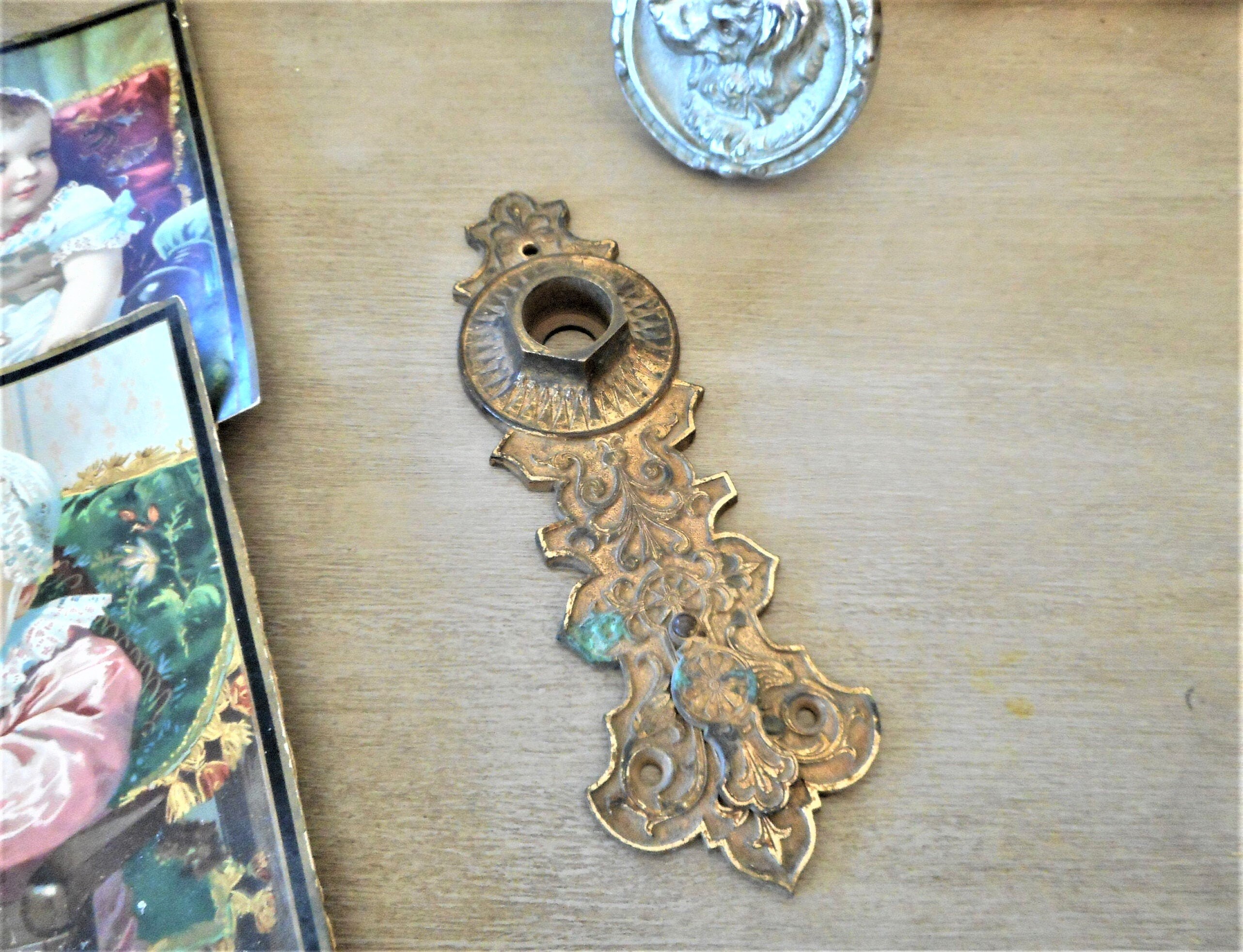Rare 1870S Figural Bronze Ornate Door Knob Rosette Backplate Escutcheon Architectural Salvage Antique Russell Erwin Hardware Company