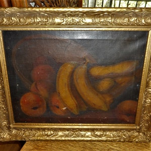 Antique Victorian 1890s Fruit Still Life Oil Painting Bananas Peaches ...