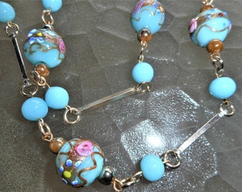 Beautiful Venetian Turquoise Pink Wedding Cake Glass Bead Necklace Hand Painted Art Nouveau Lampwork Glass Flower Bead Barrel Clasp