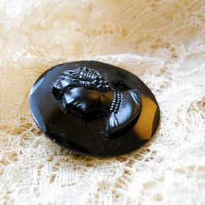 Edwardian Victorian Black Jet Gemstone Mourning Brooch Antique 1870s Art Nouveau Carved Woman Cameo C Clasp Pin