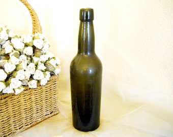 Antique 1800s Rare Olive Green Black Glass Bottle Vintage French Country Farmhouse Apothecary Drugstore Rustic Primitive Autumn Porch Vase