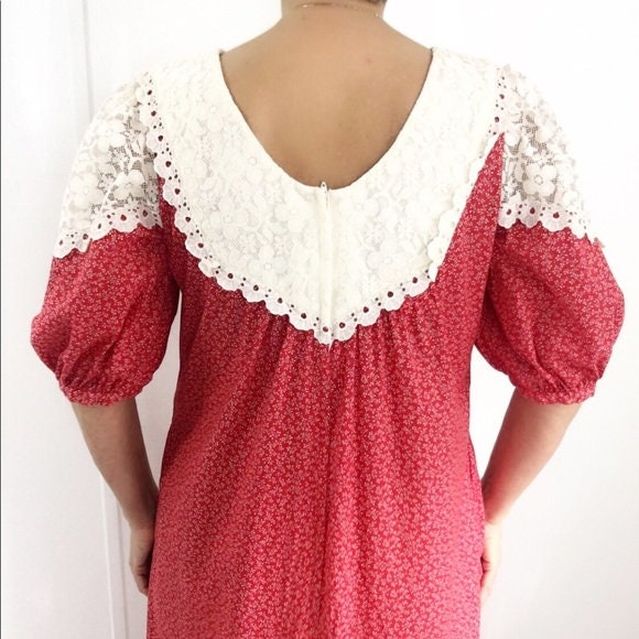 Red Calico Cotton Cottagecore Long Gunne Sax Dress Peasant Prairie ...