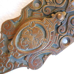 1870s Figural Bronze Lion Door Knob Rosette Backplate Architectural Salvage Antique Russell Erwin Hardware Company / Cast Bronze Sculpture image 2