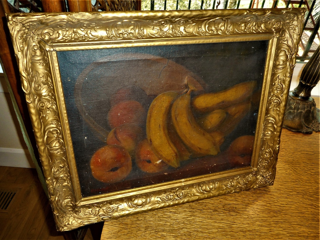 Antique Victorian 1890s Fruit Still Life Oil Painting Bananas Peaches ...