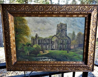 Antique Chapel Landscape Painting 1800s Rustic Old English Monastery Abbey Church Village Old World Bohemian Religious Primitive Wall Decor