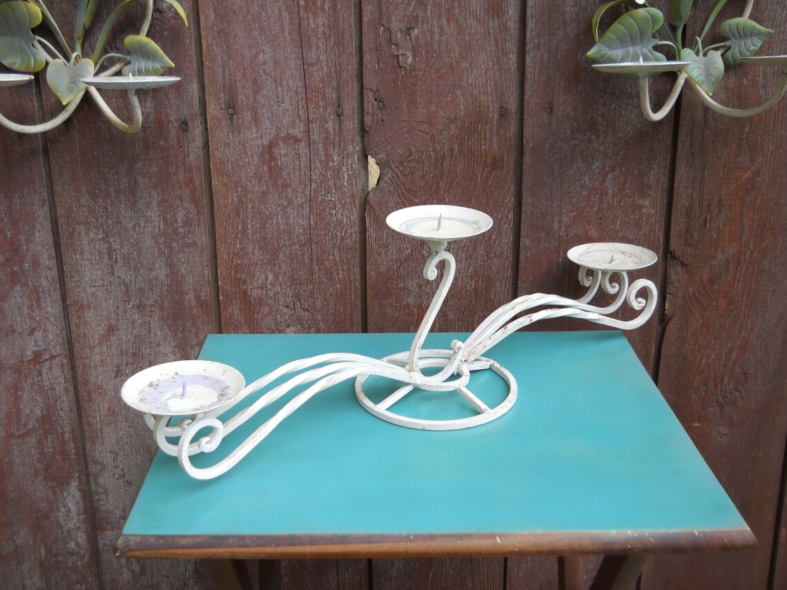 Vintage Wrought Iron White Candelabra Candle Holder Shabby Etsy