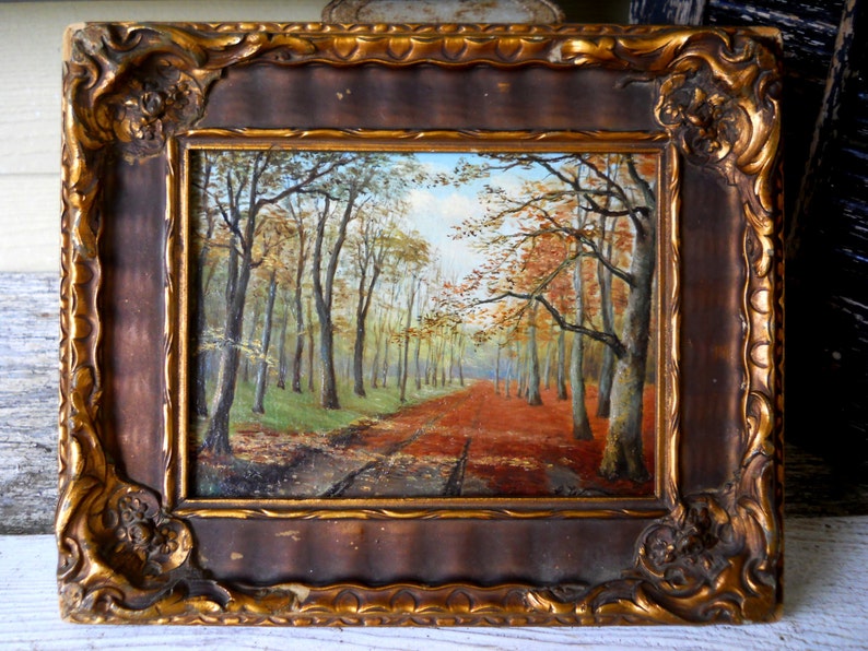 Antique Small Landscape Oil Painting on Board 1932 Ludwig Werner Listed European Impressionist Autumn Tree Forest Germany image 2