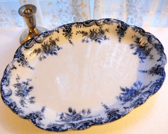 Antique Victorian English Cottage Staffordshire 1880's Serving Platter Flow Blue Roses Floral White Ironstone Porcelain Scalloped Oval Dish